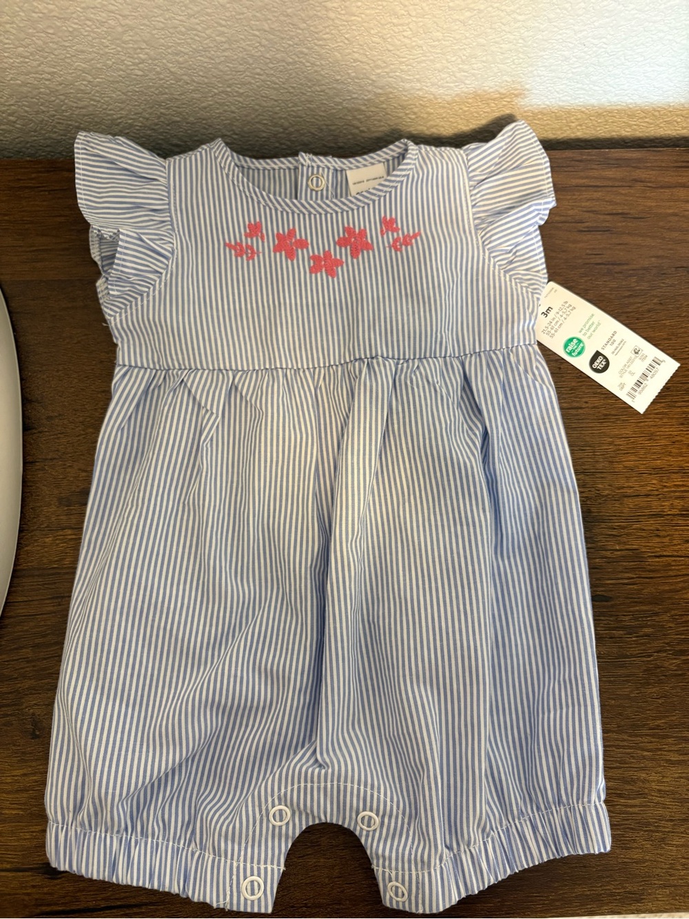NWT- Striped Blue & White Baby Romper with Ruffle Shoulders